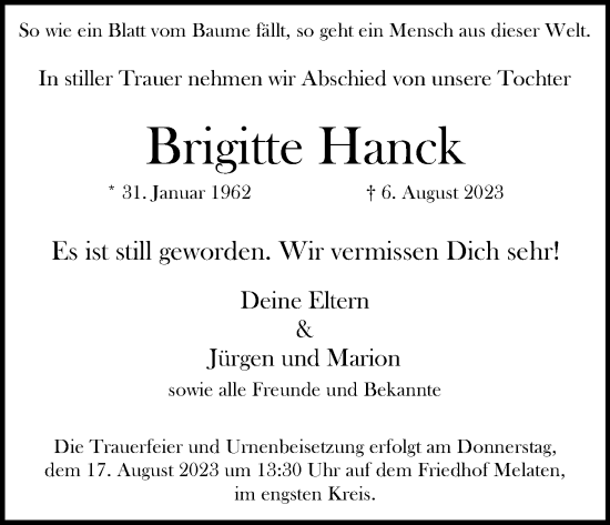 Anzeige von Brigitte Hanck von Kölner Stadt-Anzeiger / Kölnische Rundschau / Express