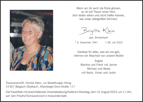 Anzeige von Brigitte Klein von  Bergisches Handelsblatt 