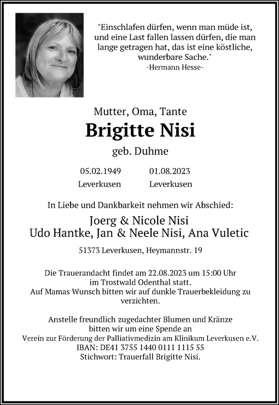 Anzeige von Brigitte Nisi von Kölner Stadt-Anzeiger / Kölnische Rundschau / Express