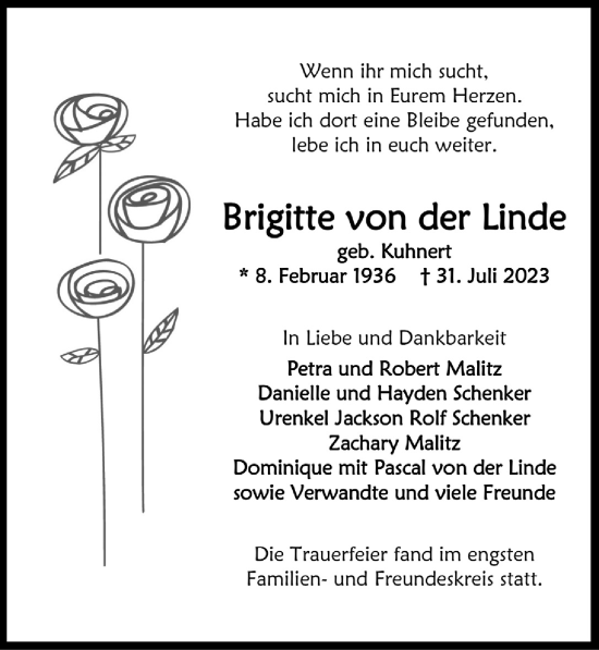 Anzeige von Brigitte von der Linde von  Anzeigen Echo 