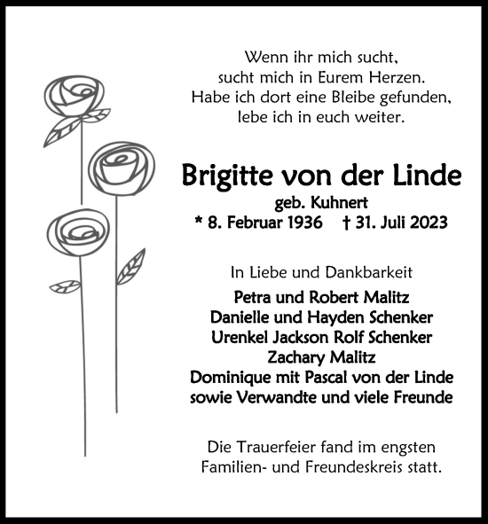 Anzeige von Brigitte von der Linde von Kölner Stadt-Anzeiger / Kölnische Rundschau / Express