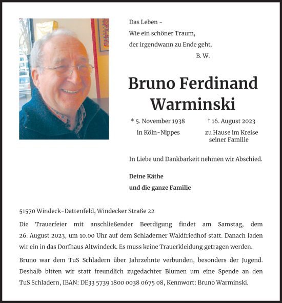Anzeige von Bruno Ferdinand Warminski von  Lokalanzeiger 