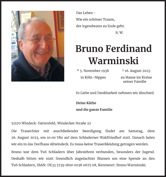 Anzeige von Bruno Ferdinand Warminski von Kölner Stadt-Anzeiger / Kölnische Rundschau / Express