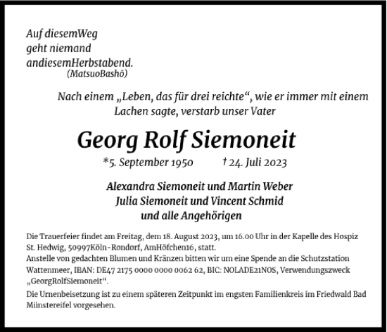 Anzeige von Georg Siemoneit von Kölner Stadt-Anzeiger / Kölnische Rundschau / Express