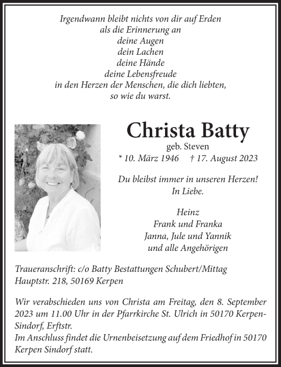 Anzeige von Christa Batty von  Werbepost 