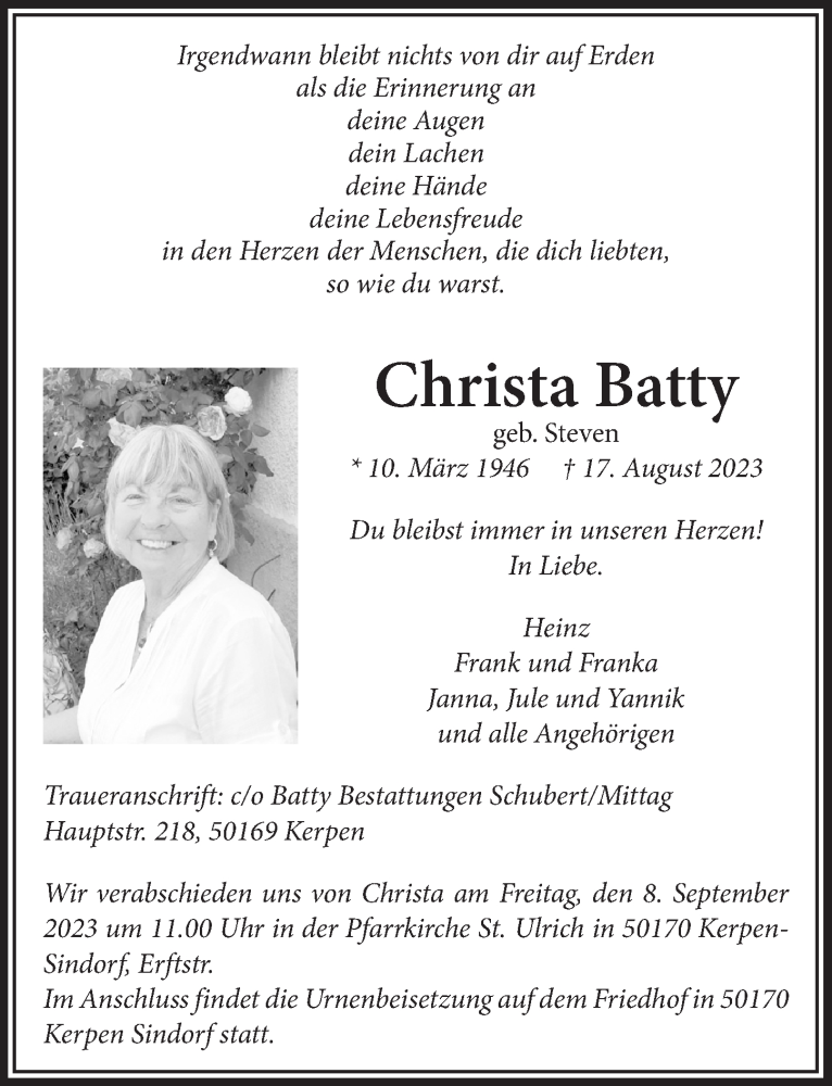  Traueranzeige für Christa Batty vom 01.09.2023 aus  Werbepost 