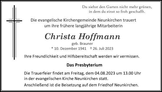 Anzeige von Christa Hoffmann von Kölner Stadt-Anzeiger / Kölnische Rundschau / Express