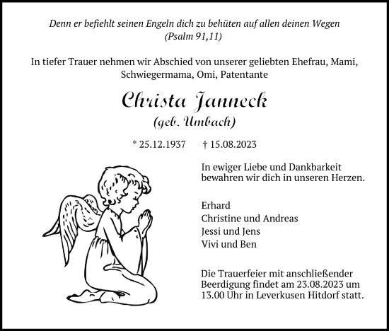 Anzeige von Christa Janneck von Kölner Stadt-Anzeiger / Kölnische Rundschau / Express