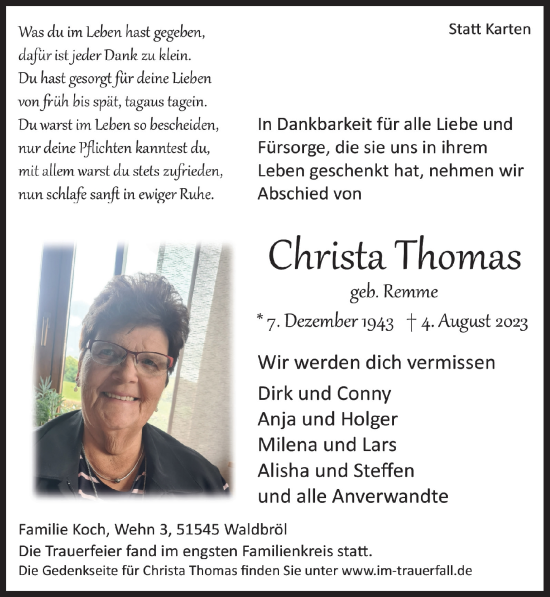 Anzeige von Christa Thomas von  Lokalanzeiger 