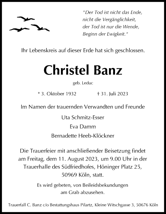 Anzeige von Christel Banz von Kölner Stadt-Anzeiger / Kölnische Rundschau / Express