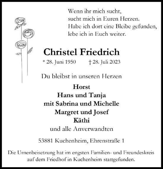Anzeige von Christel Friedrich von  Blickpunkt Euskirchen 