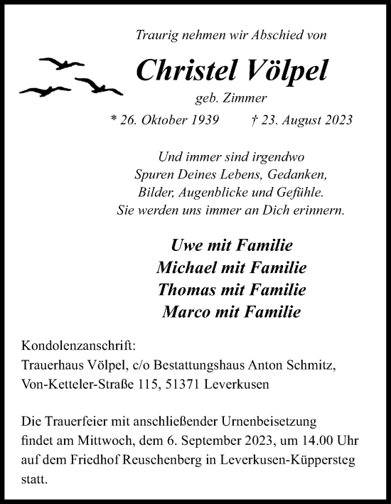 Anzeige von Christel Völpel von Kölner Stadt-Anzeiger / Kölnische Rundschau / Express