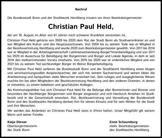 Anzeige von Christian Paul Held von Kölner Stadt-Anzeiger / Kölnische Rundschau / Express