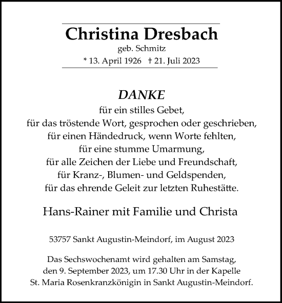 Anzeige von Christina Dresbach von Kölner Stadt-Anzeiger / Kölnische Rundschau / Express