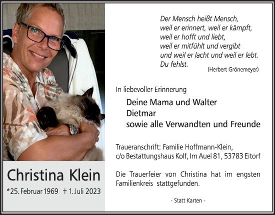 Anzeige von Christina Klein von Kölner Stadt-Anzeiger / Kölnische Rundschau / Express