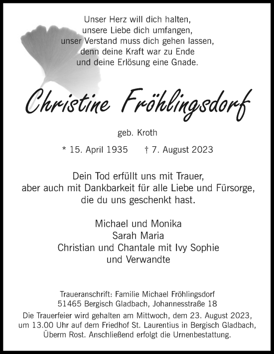 Anzeige von Christine Fröhlingsdorf von Kölner Stadt-Anzeiger / Kölnische Rundschau / Express