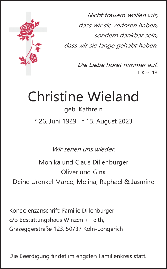 Anzeige von Christine Wieland von Kölner Stadt-Anzeiger / Kölnische Rundschau / Express