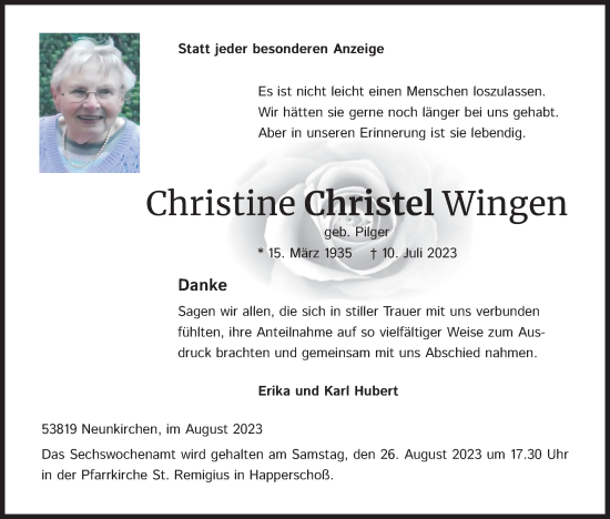 Anzeige von Christine Christel Wingen von Kölner Stadt-Anzeiger / Kölnische Rundschau / Express