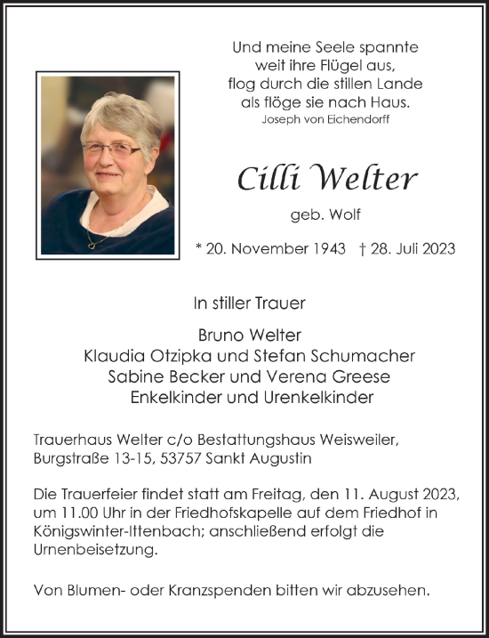 Anzeige von Cilli Welter von  Extra Blatt 