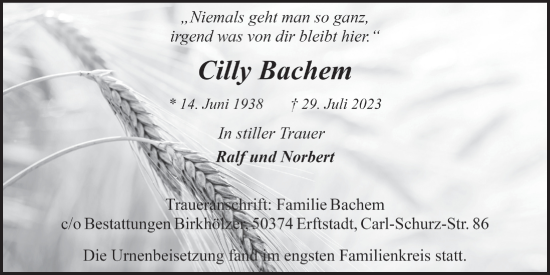 Anzeige von Cilly Bachem von  Werbepost 