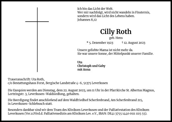 Anzeige von Cilly Roth von Kölner Stadt-Anzeiger / Kölnische Rundschau / Express