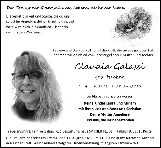 Anzeige von Claudia Galassi von Kölner Stadt-Anzeiger / Kölnische Rundschau / Express