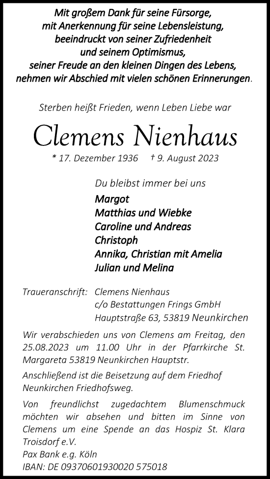 Anzeige von Clemens Nienhaus von Kölner Stadt-Anzeiger / Kölnische Rundschau / Express