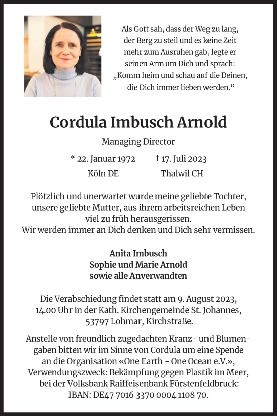 Anzeige von Cordula Imbusch Arnold von Kölner Stadt-Anzeiger / Kölnische Rundschau / Express