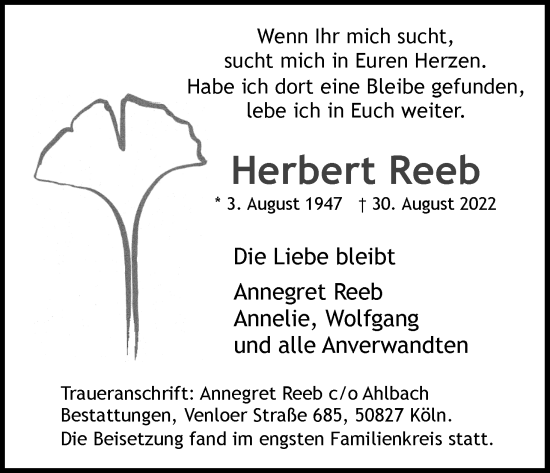 Anzeige von Herbert Reeb von Kölner Stadt-Anzeiger / Kölnische Rundschau / Express