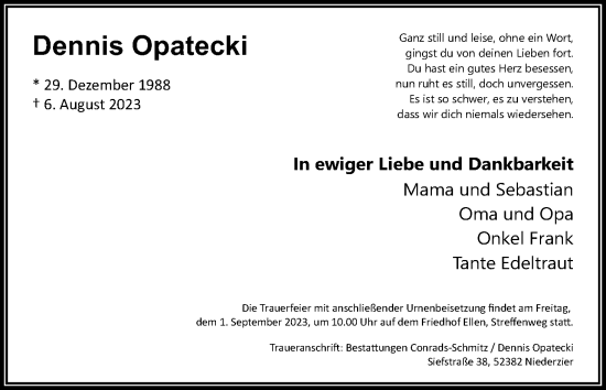 Anzeige von Dennis Opatecki von Kölner Stadt-Anzeiger / Kölnische Rundschau / Express