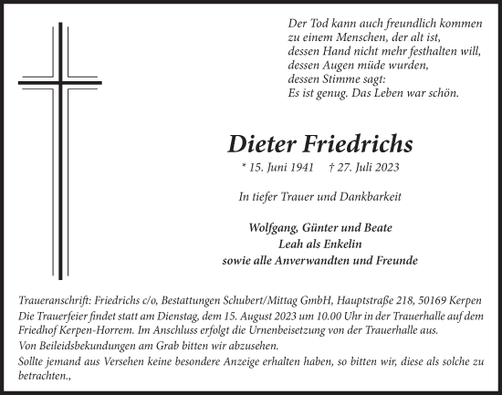 Anzeige von Dieter Friedrichs von  Werbepost 