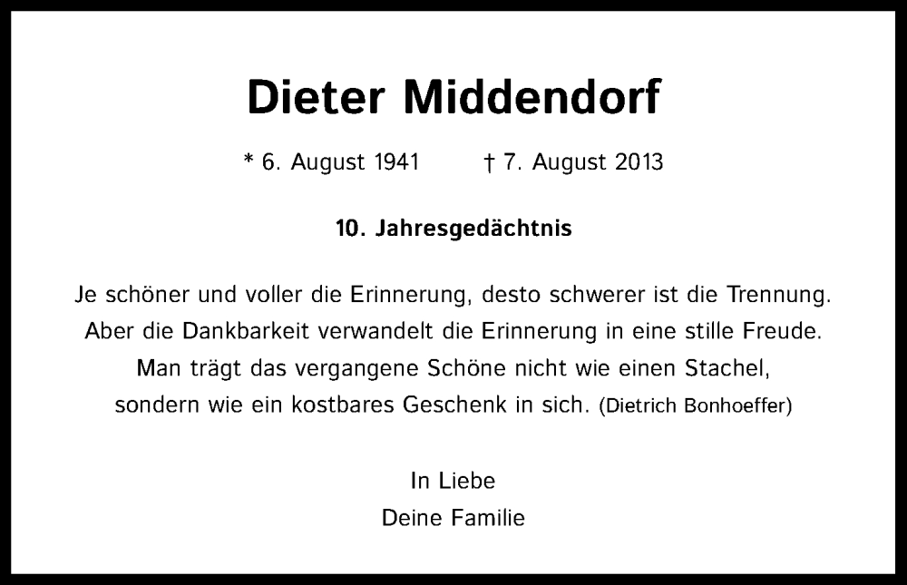  Traueranzeige für Dieter Middendorf vom 18.07.2023 aus Kölner Stadt-Anzeiger / Kölnische Rundschau / Express