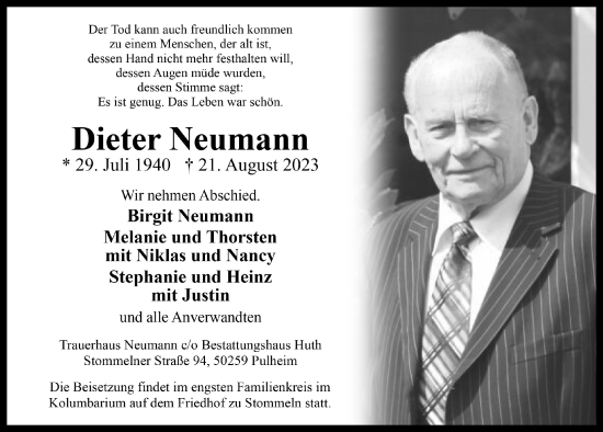 Anzeige von Dieter Neumann von  Wochenende 