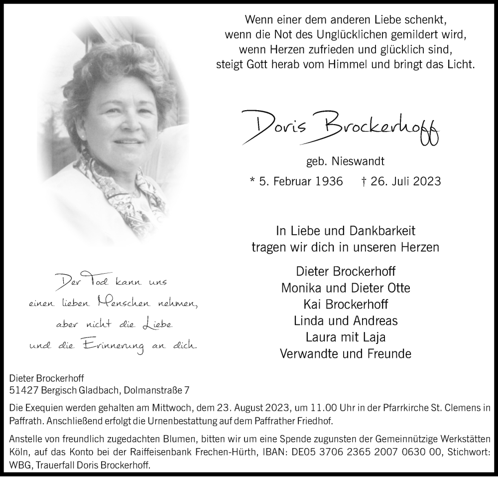  Traueranzeige für Doris Brockerhoff vom 12.08.2023 aus Kölner Stadt-Anzeiger / Kölnische Rundschau / Express