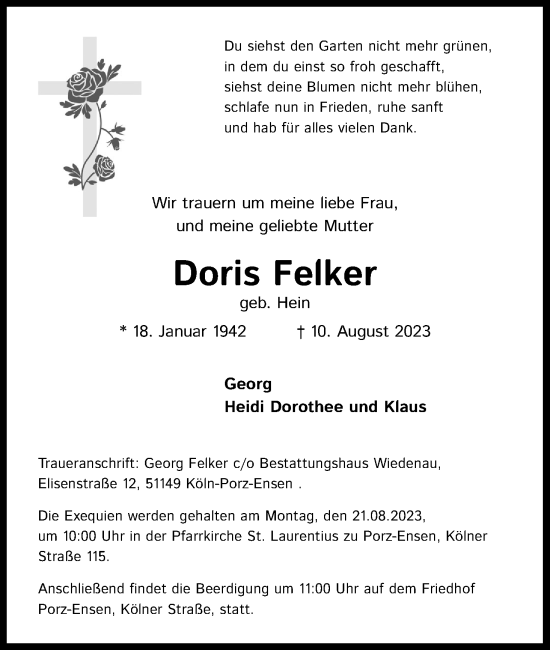 Anzeige von Doris Felker von Kölner Stadt-Anzeiger / Kölnische Rundschau / Express