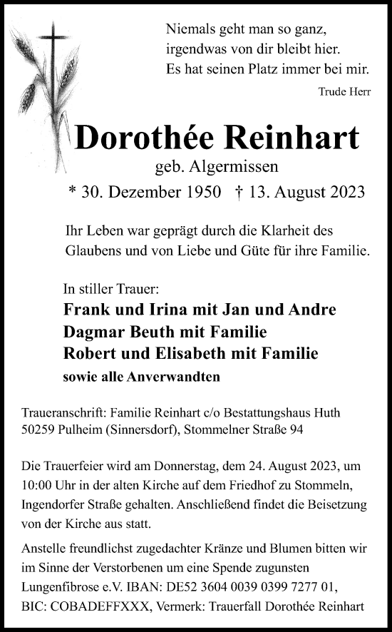 Anzeige von Dorothee Reinhart von Kölner Stadt-Anzeiger / Kölnische Rundschau / Express