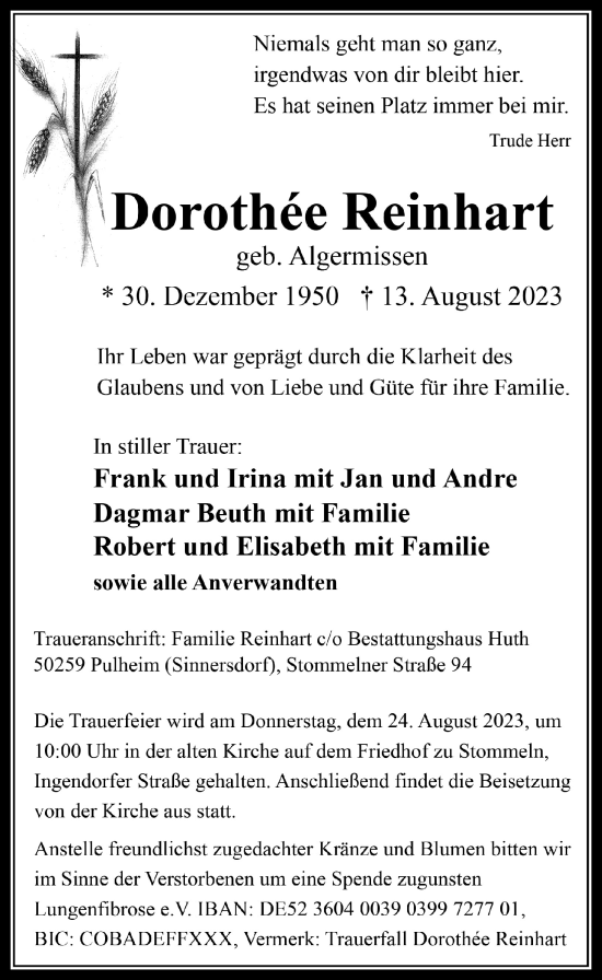 Anzeige von Dorothee Reinhart von  Wochenende 