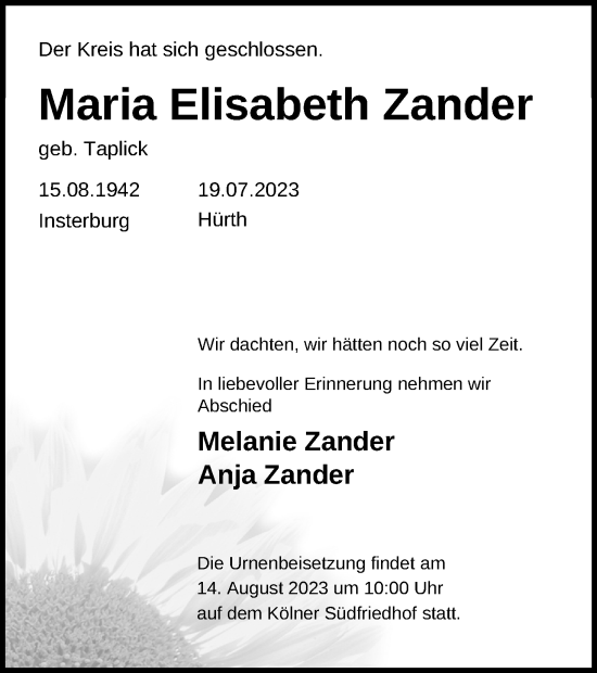Anzeige von Maria Elisabeth Zander 