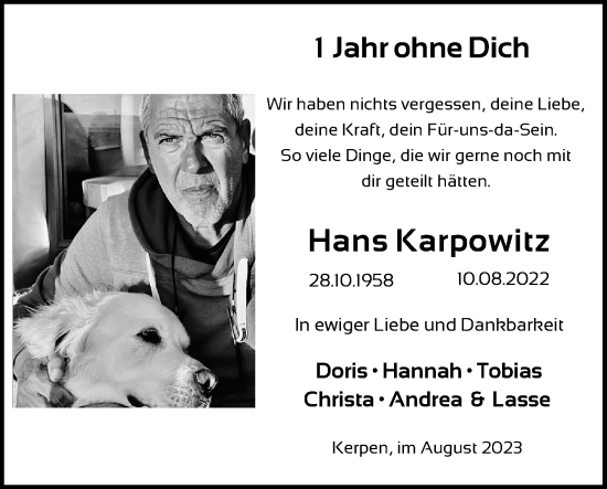 Anzeige von Hans Karpowitz von Kölner Stadt-Anzeiger / Kölnische Rundschau / Express