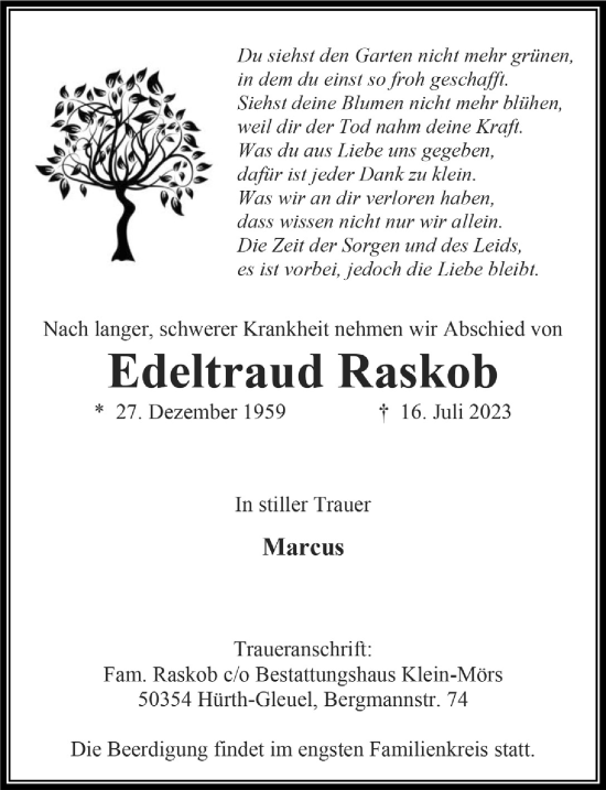 Anzeige von Edeltraud Raskob von  Wochenende 