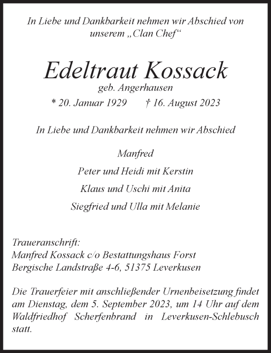 Anzeige von Edeltraut Kossack von  Lokale Informationen 