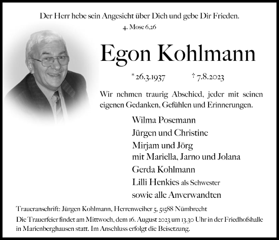 Anzeige von Egon Kohlmann von  Anzeigen Echo  Lokalanzeiger 
