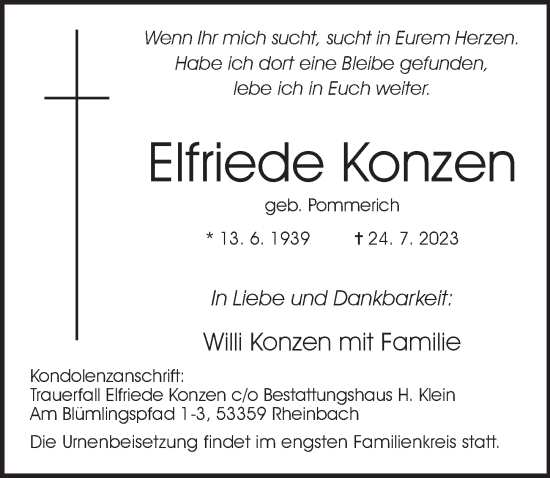 Anzeige von Elfriede Konzen von  Schaufenster/Blickpunkt 