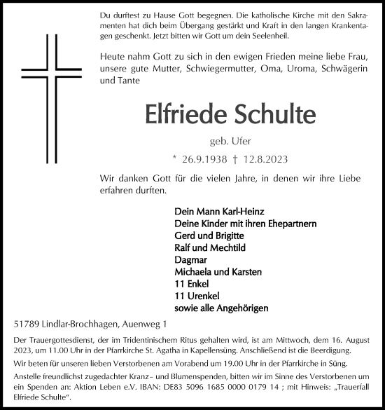 Anzeige von Elfriede Schulte von Kölner Stadt-Anzeiger / Kölnische Rundschau / Express