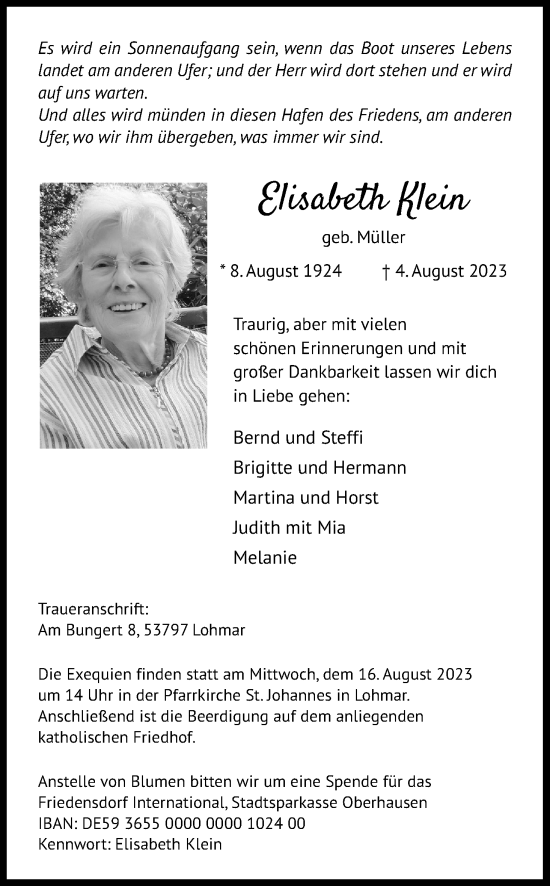 Anzeige von Elisabeth Klein von Kölner Stadt-Anzeiger / Kölnische Rundschau / Express