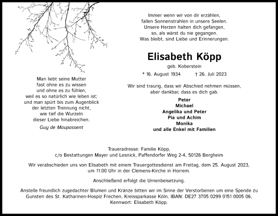 Anzeige von Elisabeth Köpp von Kölner Stadt-Anzeiger / Kölnische Rundschau / Express