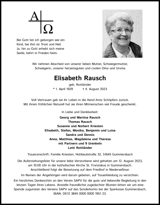 Anzeige von Elisabeth Rausch von Kölner Stadt-Anzeiger / Kölnische Rundschau / Express