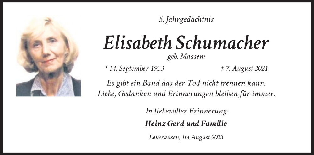  Traueranzeige für Elisabeth Schumacher vom 18.07.2023 aus Kölner Stadt-Anzeiger / Kölnische Rundschau / Express