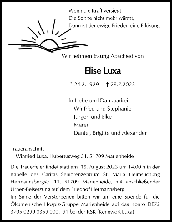 Anzeige von Elise Luxa von Kölner Stadt-Anzeiger / Kölnische Rundschau / Express