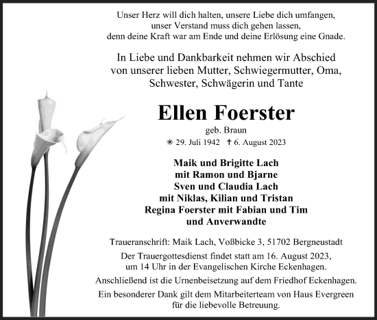 Anzeige von Ellen Foerster von Kölner Stadt-Anzeiger / Kölnische Rundschau / Express